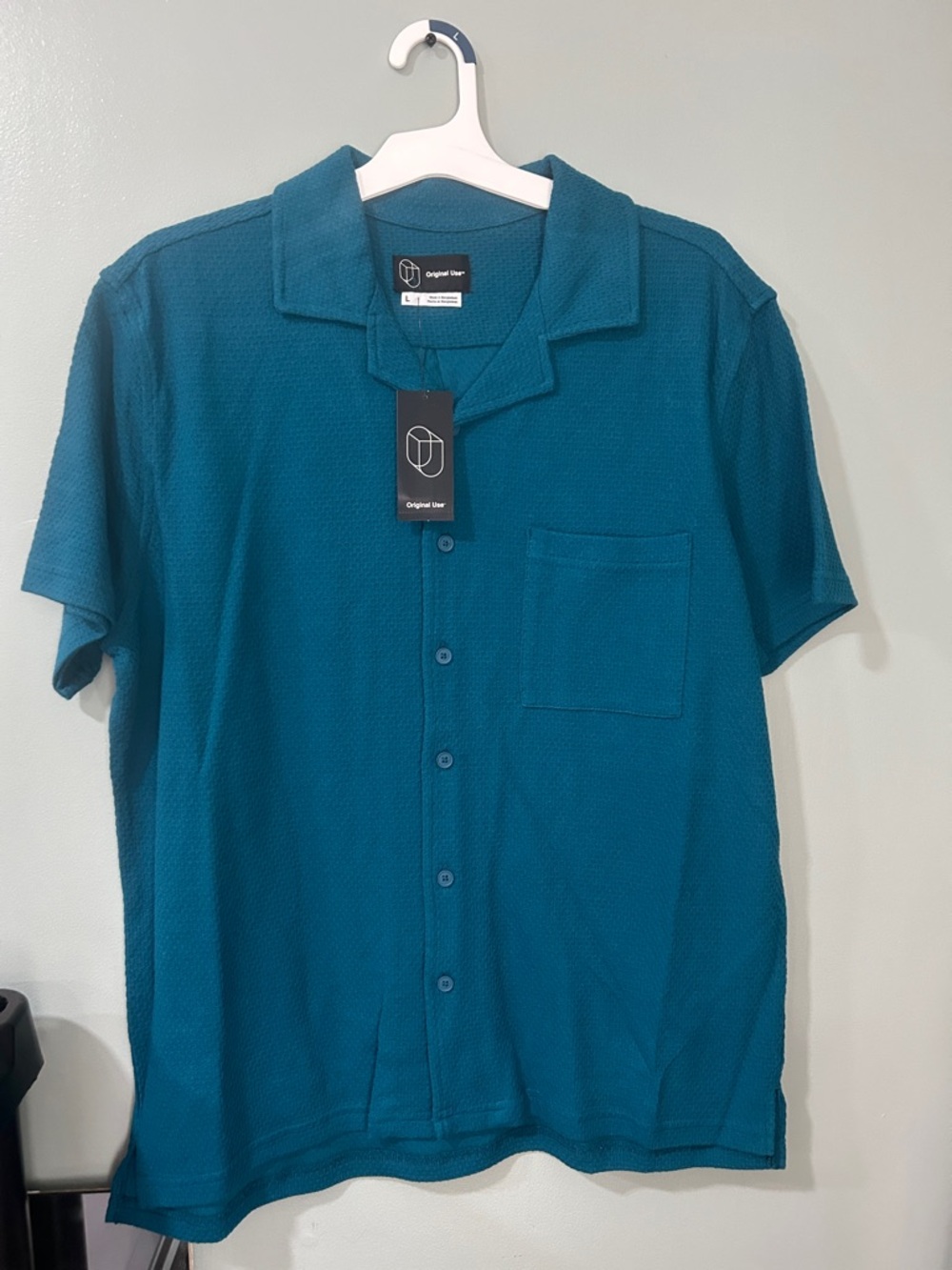 Original Use Teal Short Sleeve Camp Collar Button-Down Shirt